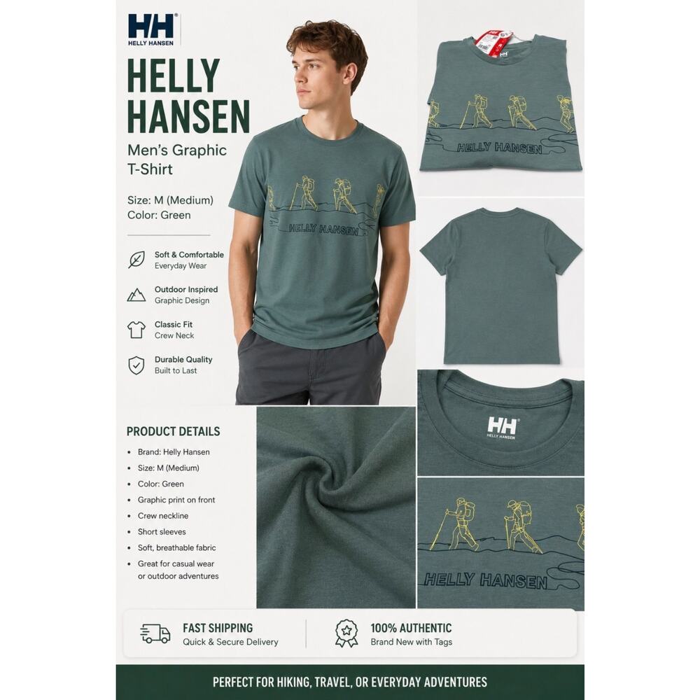 Helly Hansen Men's Graphic Hiking T-Shirt Green Outdoor Adventure Tee NWT Size M
